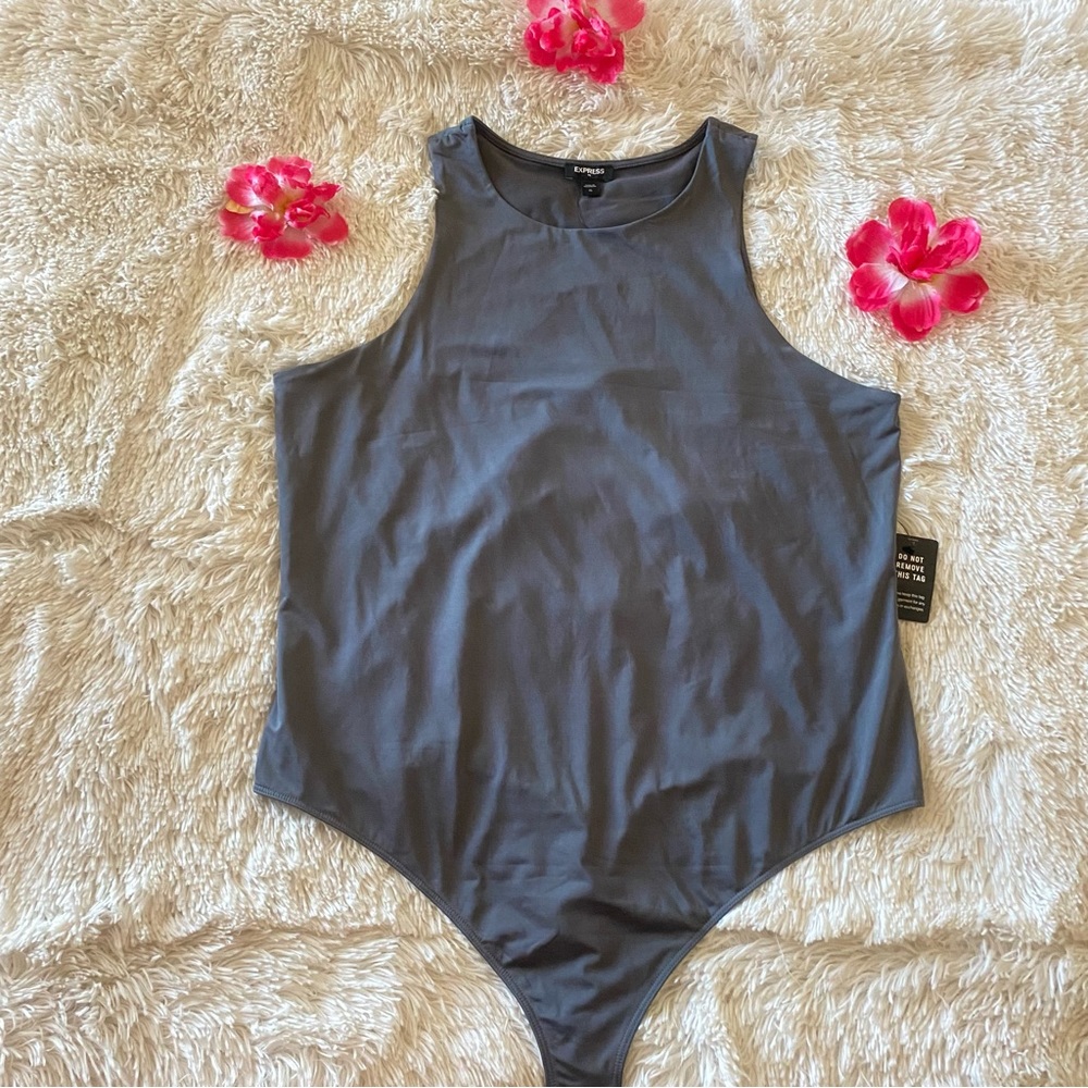 Express Gray Slive Silky High Neck Thong Sleeveless Women's Bodycon Bodysuit - Picture 3 of 10